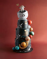 3Tier Outer Space Theme Fondant Cake with Rotating Topper featuring planets and an astronaut on top