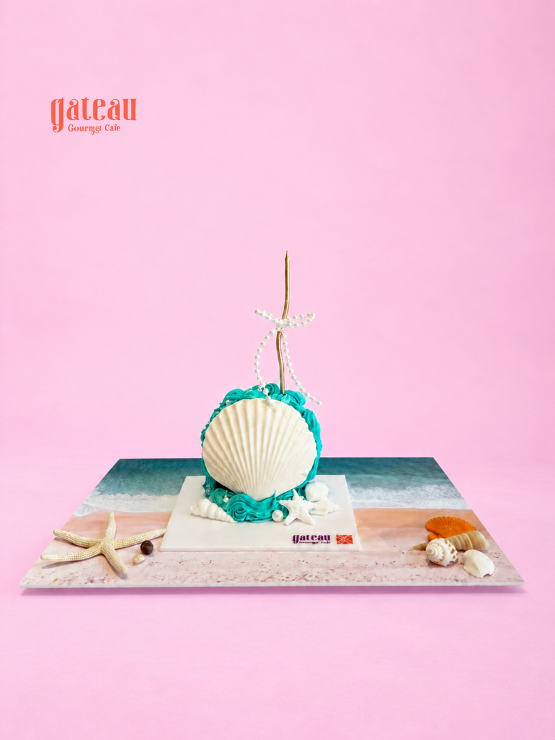 Pearly Shells Mono Cake with Acrylic Set — handcrafted by Gateau Gourmet in Abu Dhabi