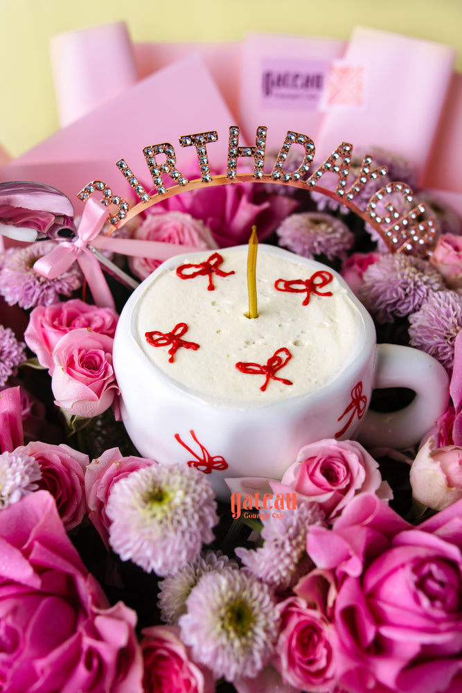 Teacup Cake in Pink Flower Bouquet Arrangement