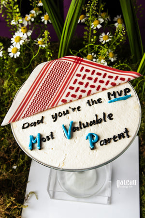 Father's Day dessert goblet cake with Dad message and traditional patterned decoration by Gateau Gourmet Cafe