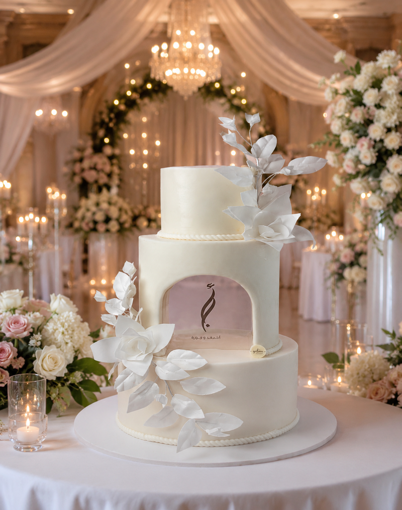 Undyed White Arch Wedding Cake — handcrafted by Gateau Gourmet, Abu Dhabi