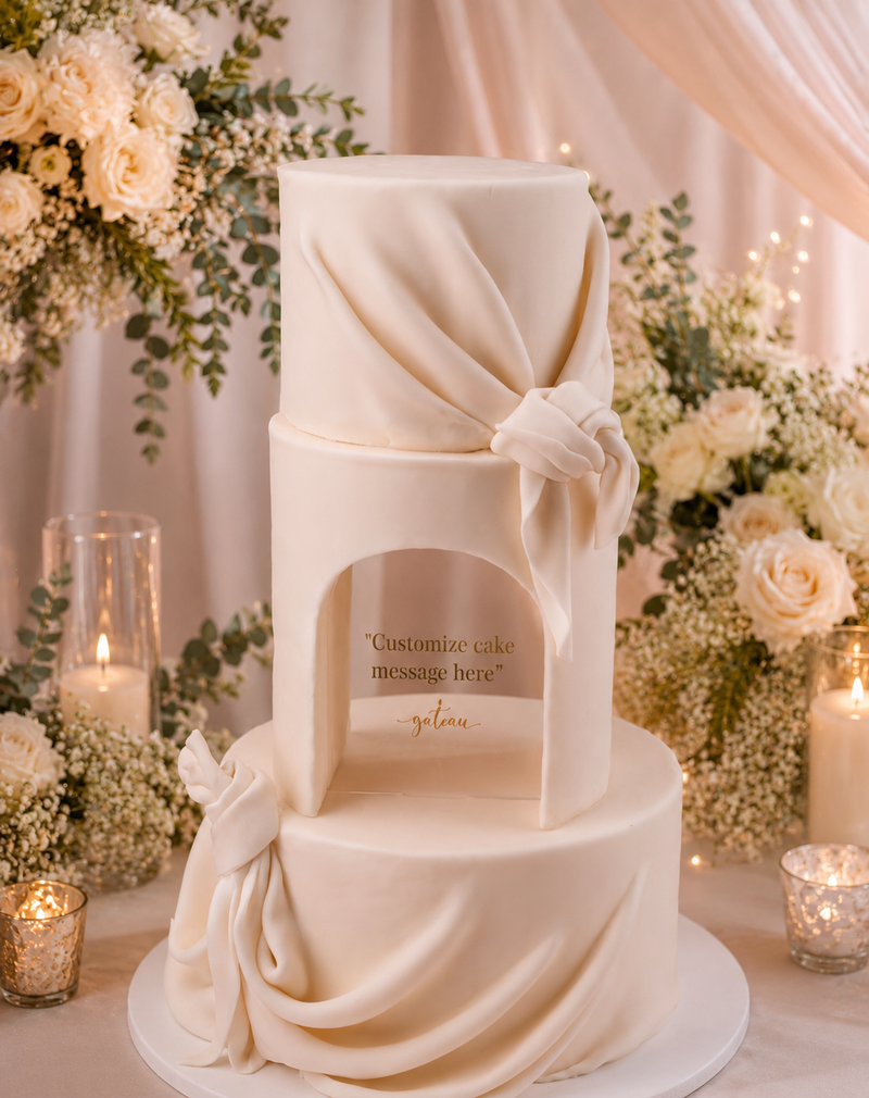 Draped Arch Wedding Cake — handcrafted by Gateau Gourmet, Abu Dhabi