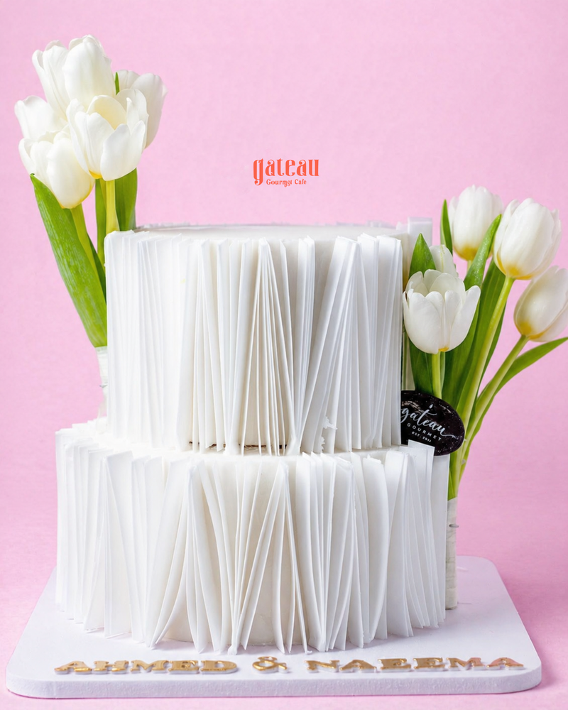 Wafer Paper Pleat Wedding Cake with Tulips — handcrafted by Gateau Gourmet in Abu Dhabi