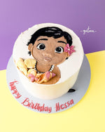 Baby Moana drawing cake designed for a birthday celebration with colorful decorations