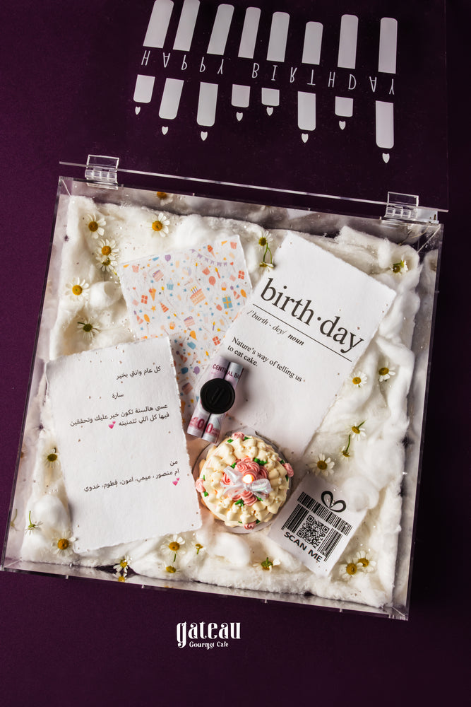Elegant birthday gift box online from Gateau Gourmet Cafe with cake, notes, and decorative elements