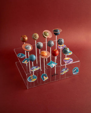 Gateau Gourmet Cafe colorful cake pops displayed on clear stand to buy cake pops for parties