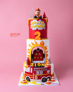3Tier Fire House Theme Fondant Cake with firefighter toppers and vibrant details for birthday celebrations