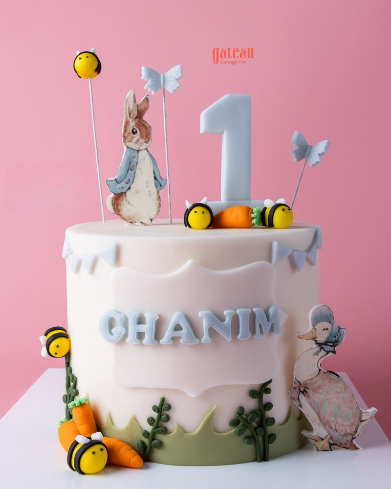 Peter Rabbit and Jemima Puddle Duck cake with bright decorations for a first birthday celebration
