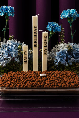 Delicious crunch chocolate cake with flowers and birthday candles for a special celebration