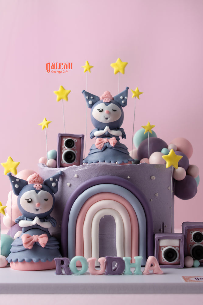 Custom Kuromi theme cake from Gateau Gourmet Cafe with colorful decorations and playful figures