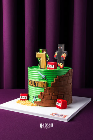 Gateau Gourmet Cafe custom Minecraft cake with green grass, brown bricks, TNT blocks, and character toppers