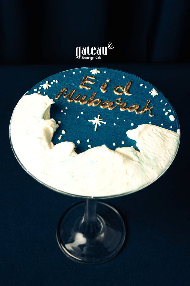 Eid Mubarak goblet cake featuring a festive design and whipped cream topping from Gateau Gourmet Cafe