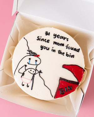Flork cake custom design by Gateau Gourmet Cafe with humorous message and cartoon drawing in a white box