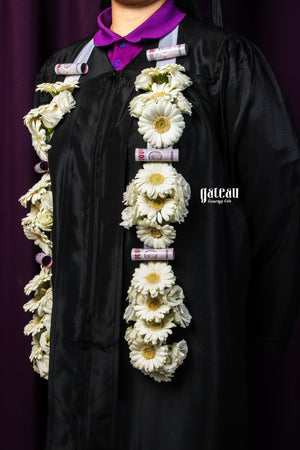 Flower bouquet graduation gift featuring white daisies adorning a black graduation gown
