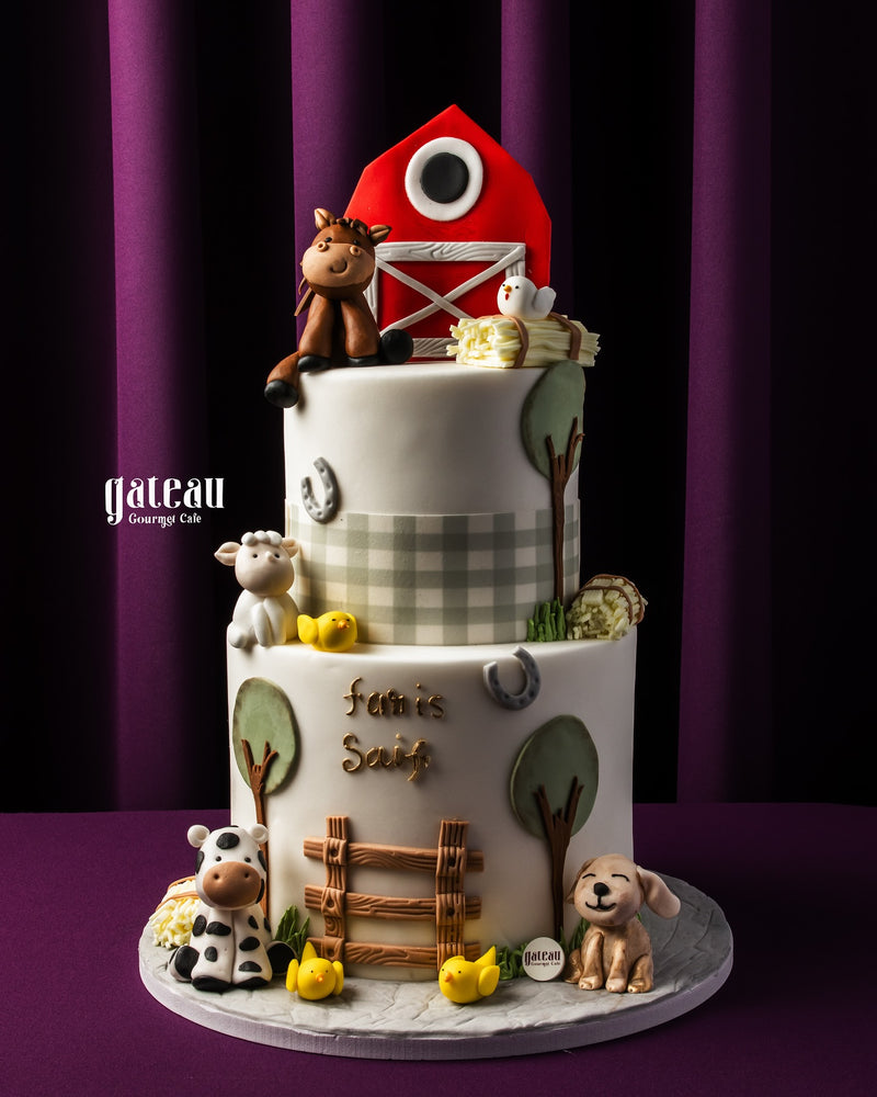 2Tier Animals Farm Themed Fondant Cake from Gateau Gourmet Cafe featuring cow, horse, and chicken decorations