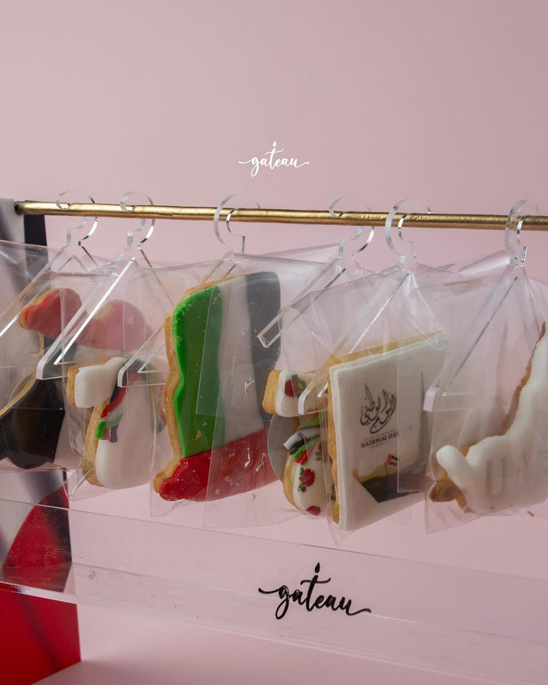 Gateau Gourmet Cafe artisan baked cookies individually packaged and hanging on clear hangers