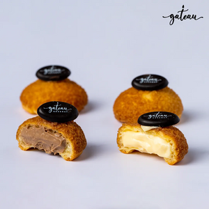 Gateau Gourmet Cafe artisan choux pastry with chocolate and vanilla cream fillings on white background