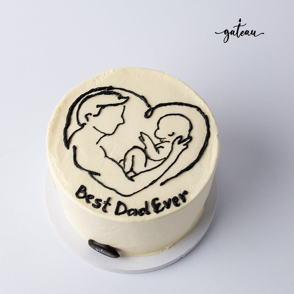 Gateau Gourmet Cafe best dad cake design with father holding baby in heart shape outline