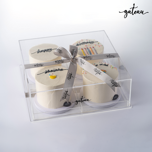 Gateau Gourmet Cafe birthday wish cake set with four small white frosted cakes in clear box