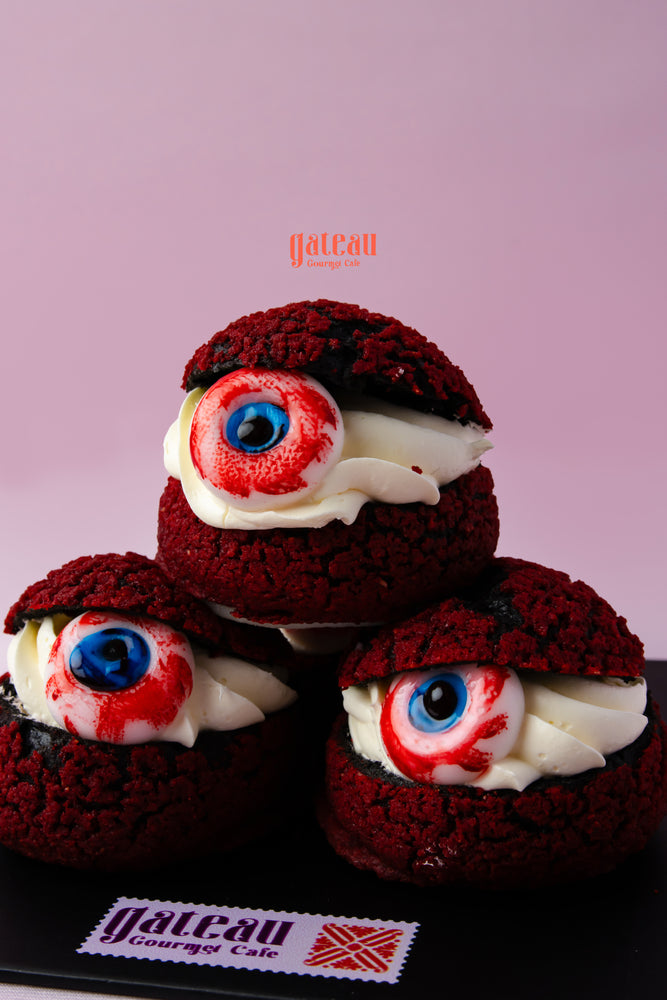 Bloody eyes choux pastry from Gateau Gourmet Cafe with cream filling and decorative eyeballs