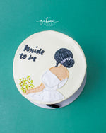 Bride to be cake customized by Gateau Gourmet Cafe featuring a bride illustration with black hair and white dress