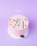 Pink bride to be cake with hand-drawn bride figure and red heart decorations from Gateau Gourmet Cafe
