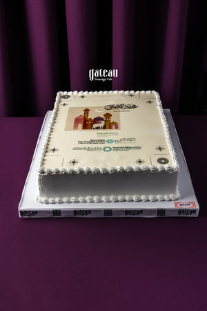 Corporate party cream cake from Gateau Gourmet Cafe with white frosting and printed edible design