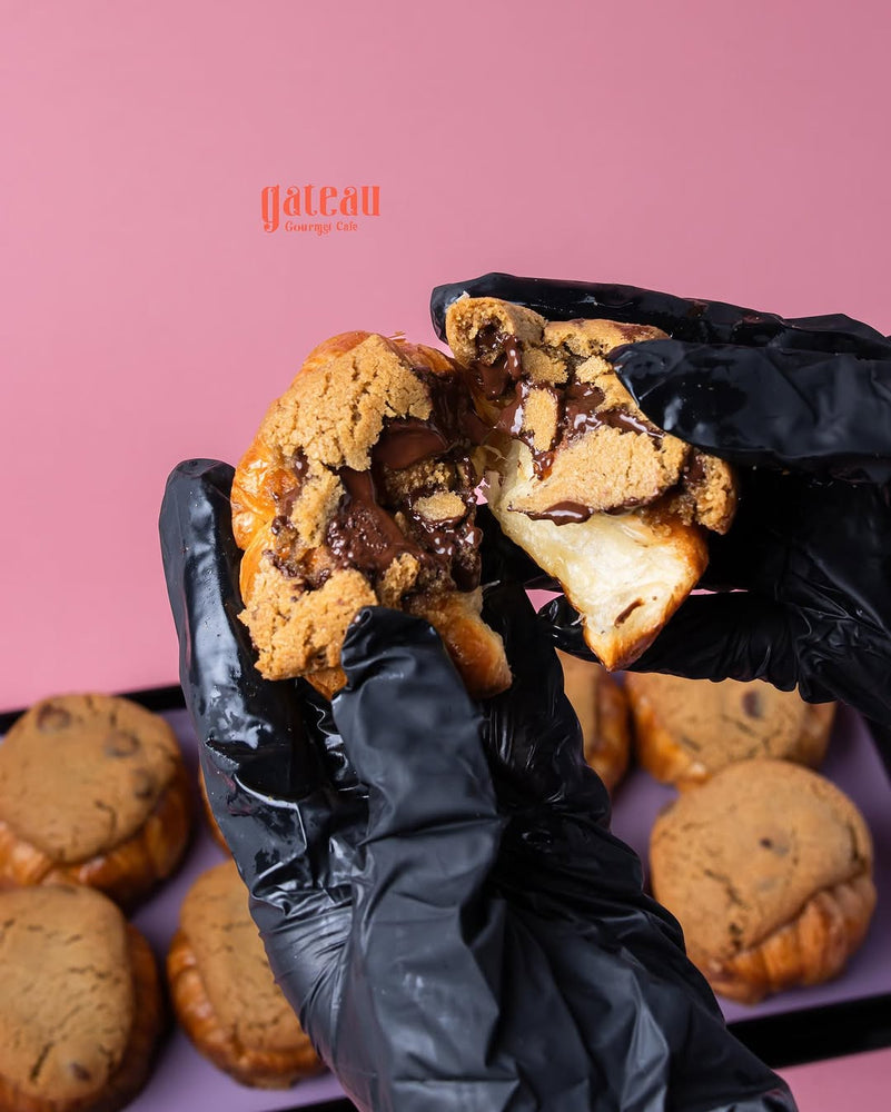 Gateau Gourmet Cafe croissant cookies online showing gooey chocolate filling inside golden croissant cookie