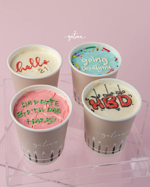Gateau Gourmet Cafe custom cake to go in cups with colorful birthday and celebration messages