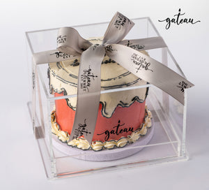 Custom colored cakes displayed in a clear box with elegant ribbon from Gateau Gourmet Cafe