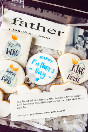 Custom Father's Day cookies by Gateau Gourmet Cafe with father-themed messages and decorations