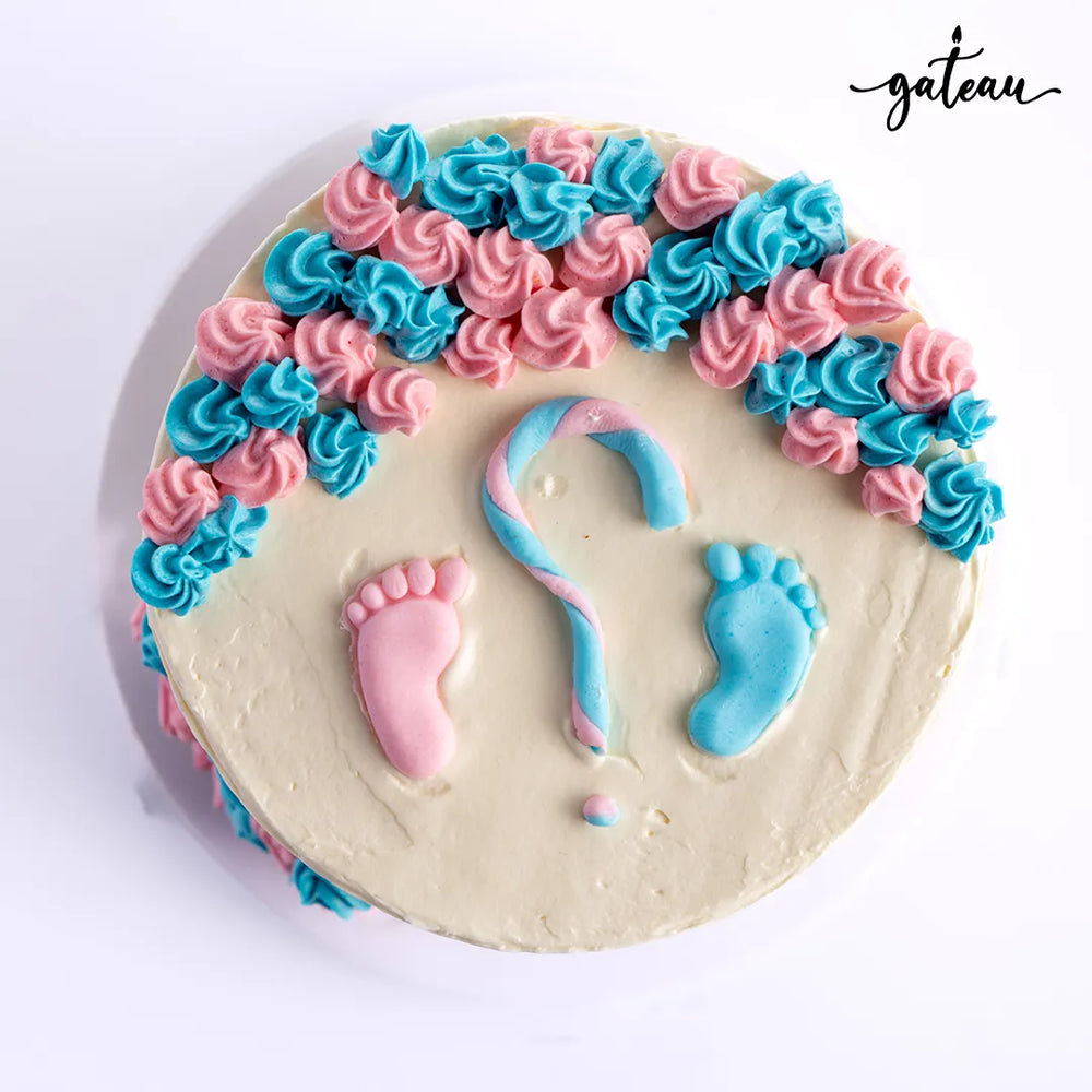 Custom gender reveal cake decorated with blue and pink frosting and baby feet design on top