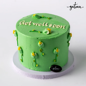 Green custom get well cakes with yellow flower decorations and Get well soon message by Gateau Gourmet Cafe