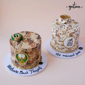 Custom military service cake featuring camo design and military insignia for welcoming service members home
