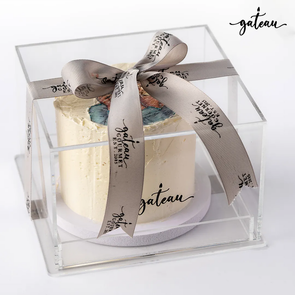 Gateau Gourmet Cafe Custom Photo Cakes in a Clear Box with Elegant Ribbon for Special Occasions