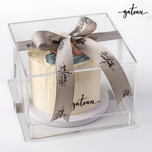 Gateau Gourmet Cafe Custom Photo Cakes in a Clear Box with Elegant Ribbon for Special Occasions