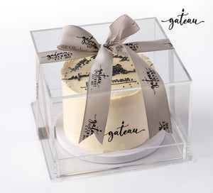 Gateau Gourmet Cafe custom sports cake in clear gift box with branded ribbon