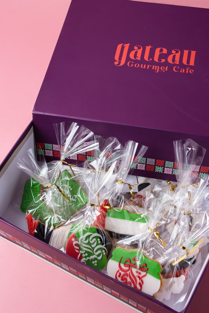 Custom UAE themed cookies beautifully packaged in a Gateau Gourmet Cafe gift box