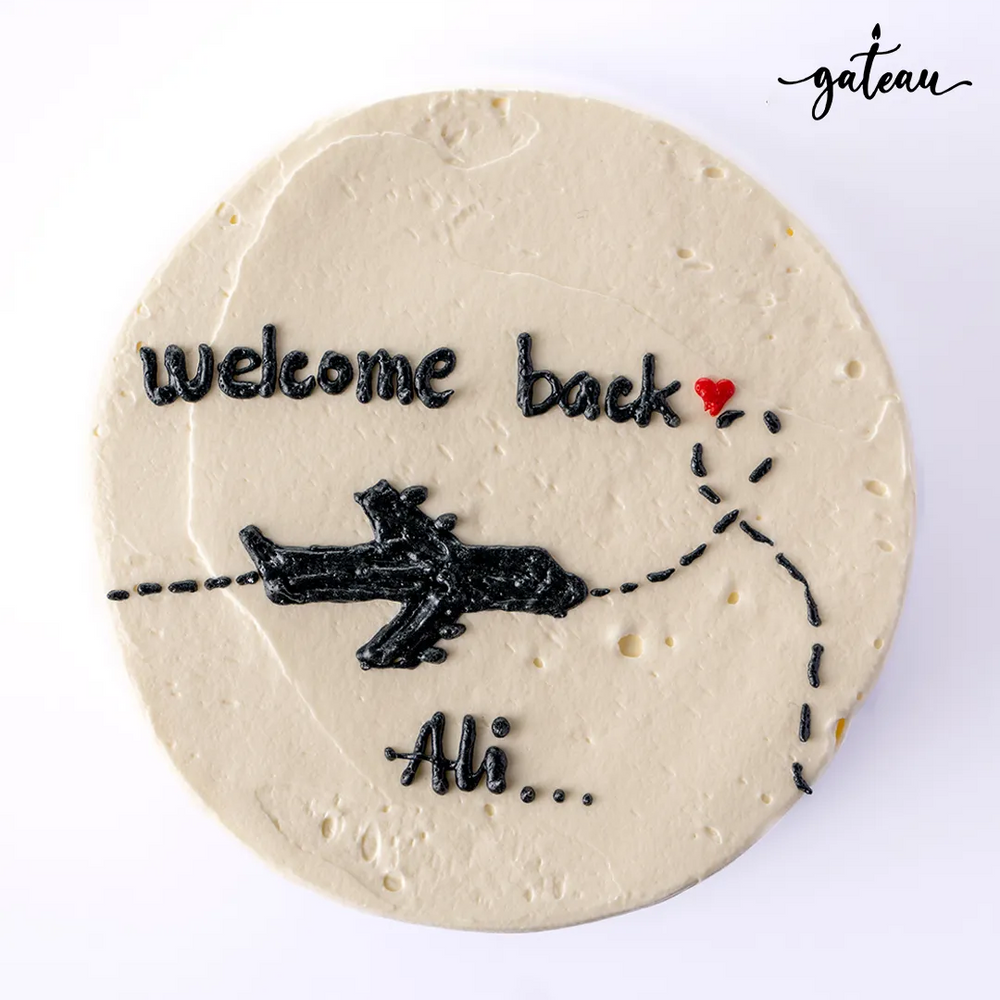 Customized Welcome Back Cake adorned with a plane design and heartfelt message for a special occasion