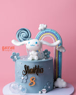 Cute character cake with rainbow, clouds, and bunny for celebrations at Gateau Gourmet Cafe, cute character cakes near me