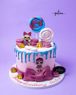 Cute themed cakes for children featuring a vibrant pink design with candy decorations and doll toppers
