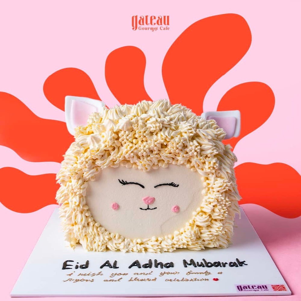 Eid Al Adha cake designed as a sheep with cute facial features for festive celebrations