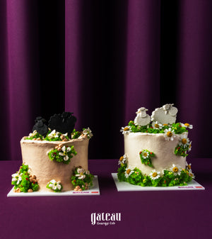 Gateau Gourmet Cafe Eid Al Adha cakes decorated with sheep toppers and floral icing on purple background