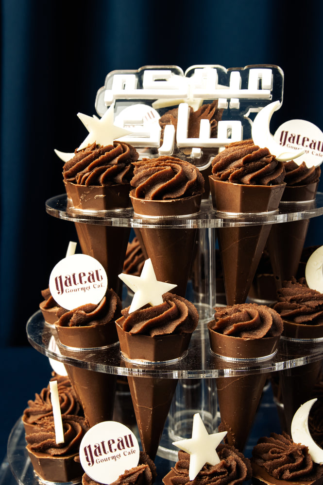 Decorative chocolate cones from Gateau Gourmet Cafe for Eid Mubarak dessert ideas