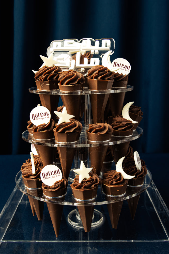 Chocolate cone desserts displayed at Gateau Gourmet Cafe for Eid Mubarak dessert ideas