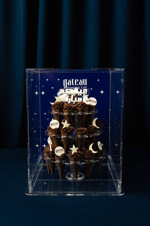 Chocolate cone desserts from Gateau Gourmet Cafe for Eid Mubarak dessert ideas, beautifully arranged in a display