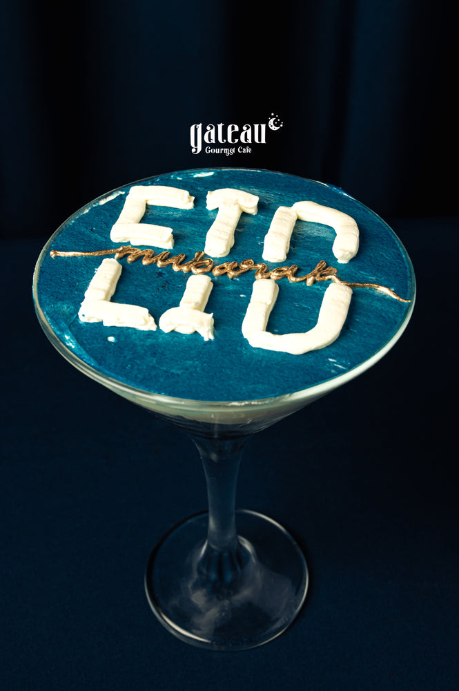 Eid Mubarak Goblet dessert from Gateau Gourmet Cafe with creamy topping and vibrant blue layer