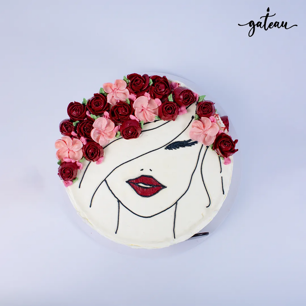 Elegant lady cake with rose-red-lips design and pink flower decorations for special occasions