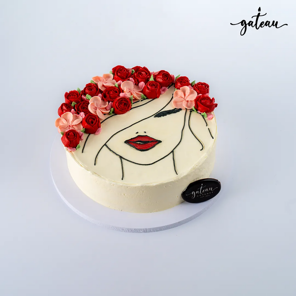 Elegant lady cake with rose-red-lips design and floral decorations from Gateau Gourmet Cafe