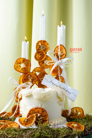Elegant summer celebration cake by Gateau Gourmet Cafe decorated with white icing and dried orange slices